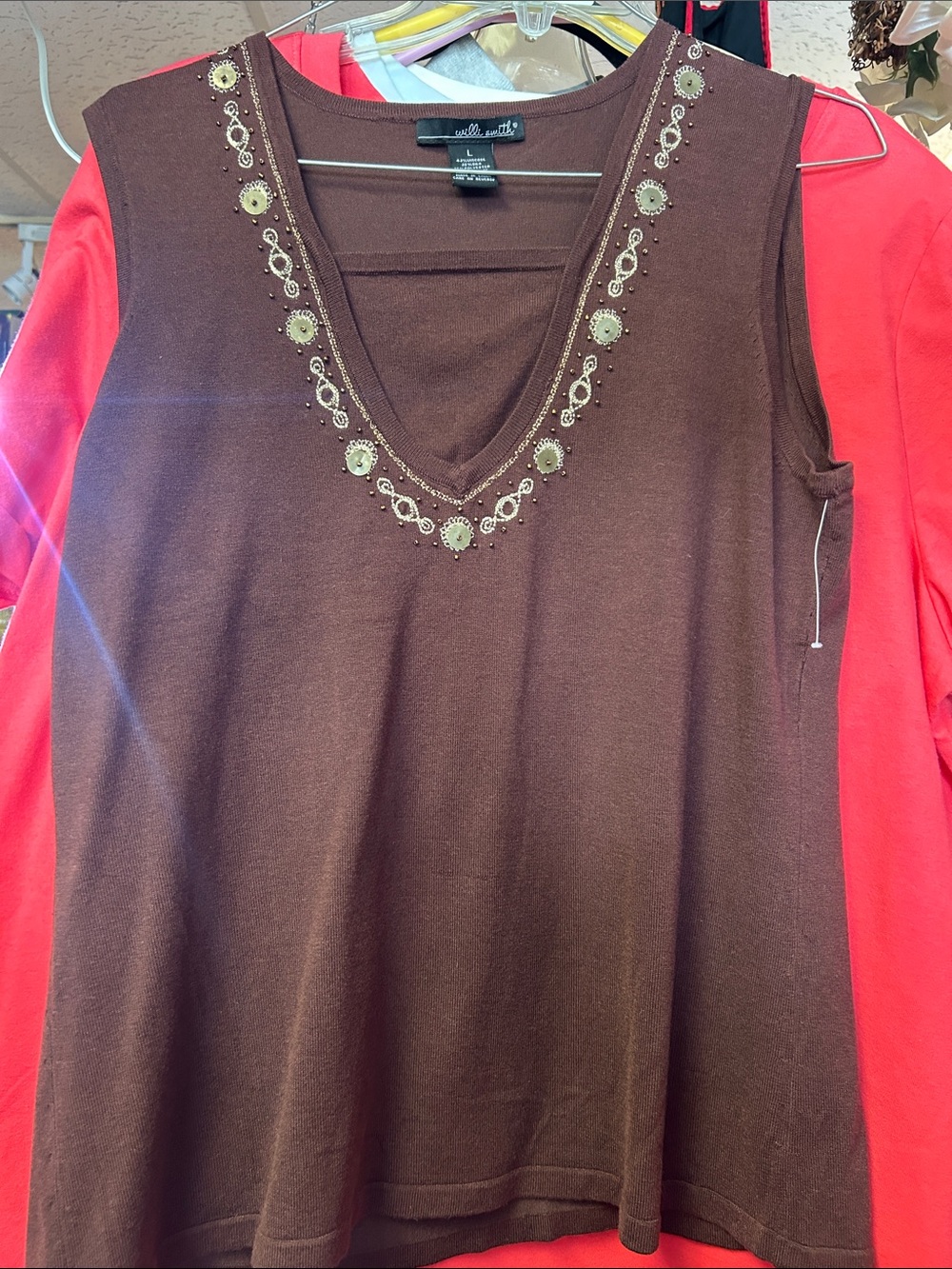 Embellished V-Neck Brown Tank Top - Carolee?